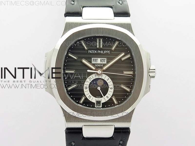 NAUTILUS 5726 SS GRF 1:1 BEST EDITION GRAY DIAL WORKING ANNUAL CALENDARON BLACK LEATHER STARP A.324 V2